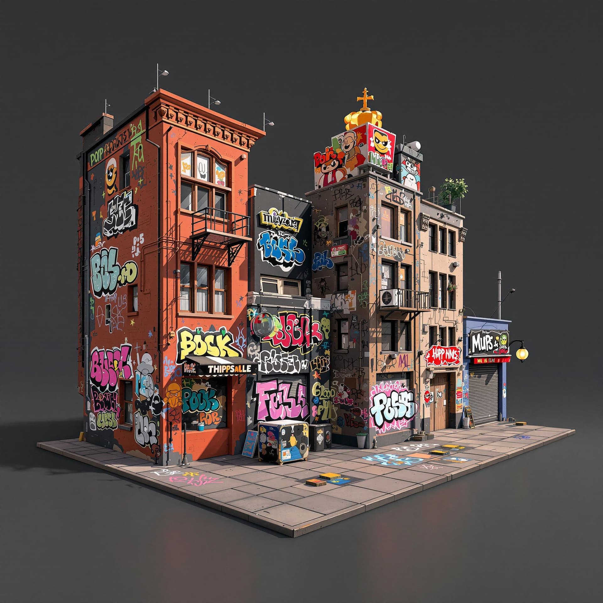 AI generated: 3d illustration hip hop graffiti urban buildings and graffiti walls