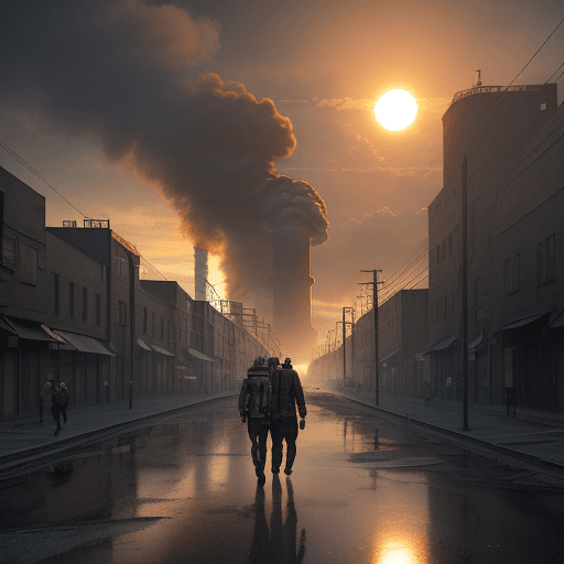 AI generated: polluted urban environment, realistic, 3d, smoke coming out of industry chimneys, people with normal...