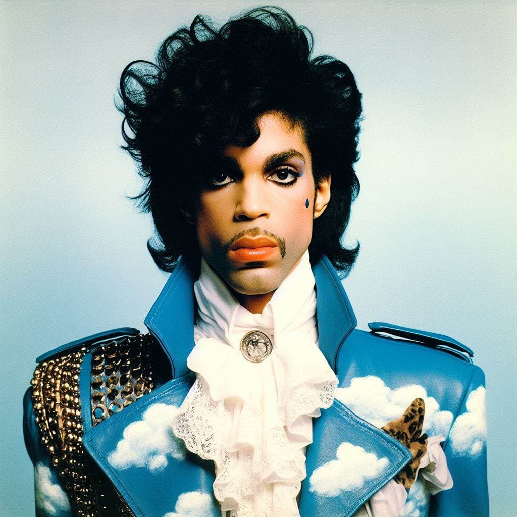 AI generated: vhs portrait shot of prince on stage 1985, around the world in a day album, blue leather jacket cove...