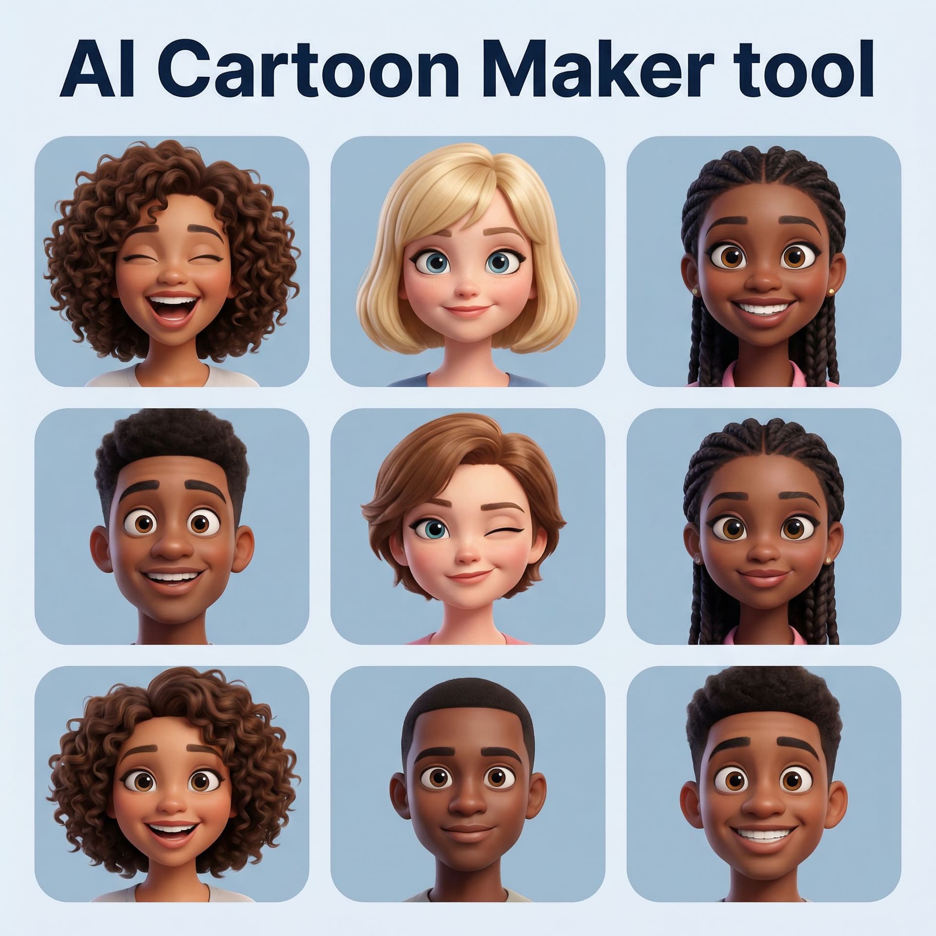 AI generated: Create a group image featuring multiple digital cartoon characters.
Each character should have a hig...