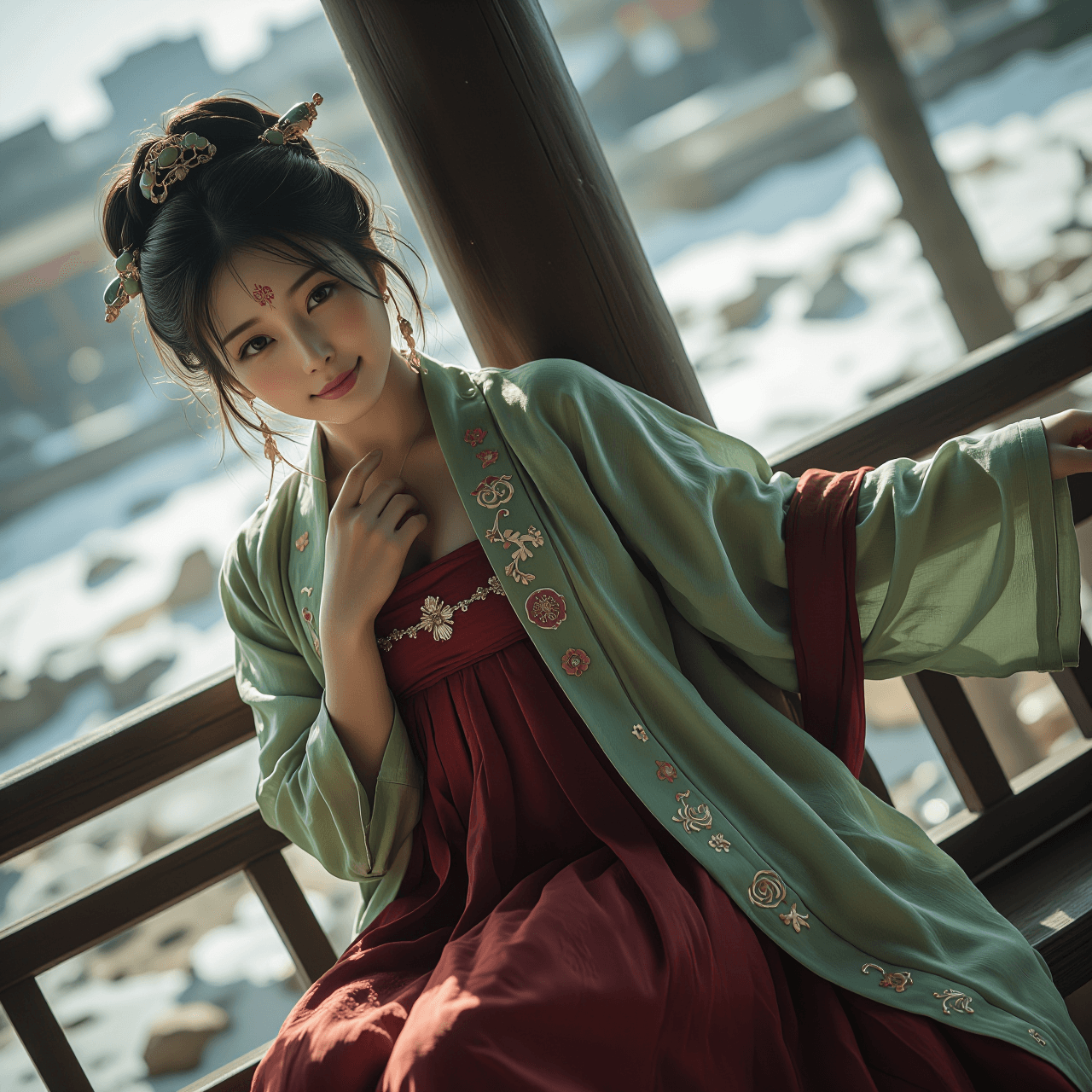 AI generated: A medium shot with a strong Dutch angle (tilted camera) of a beautiful young woman in a traditional ...