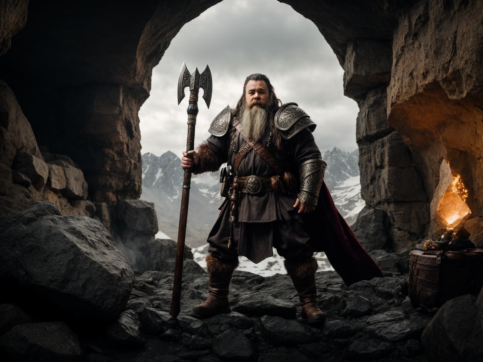 AI generated: A dwarf fighter from Baldur's Gate equipped with a war hammer and ready to fight. Background include...