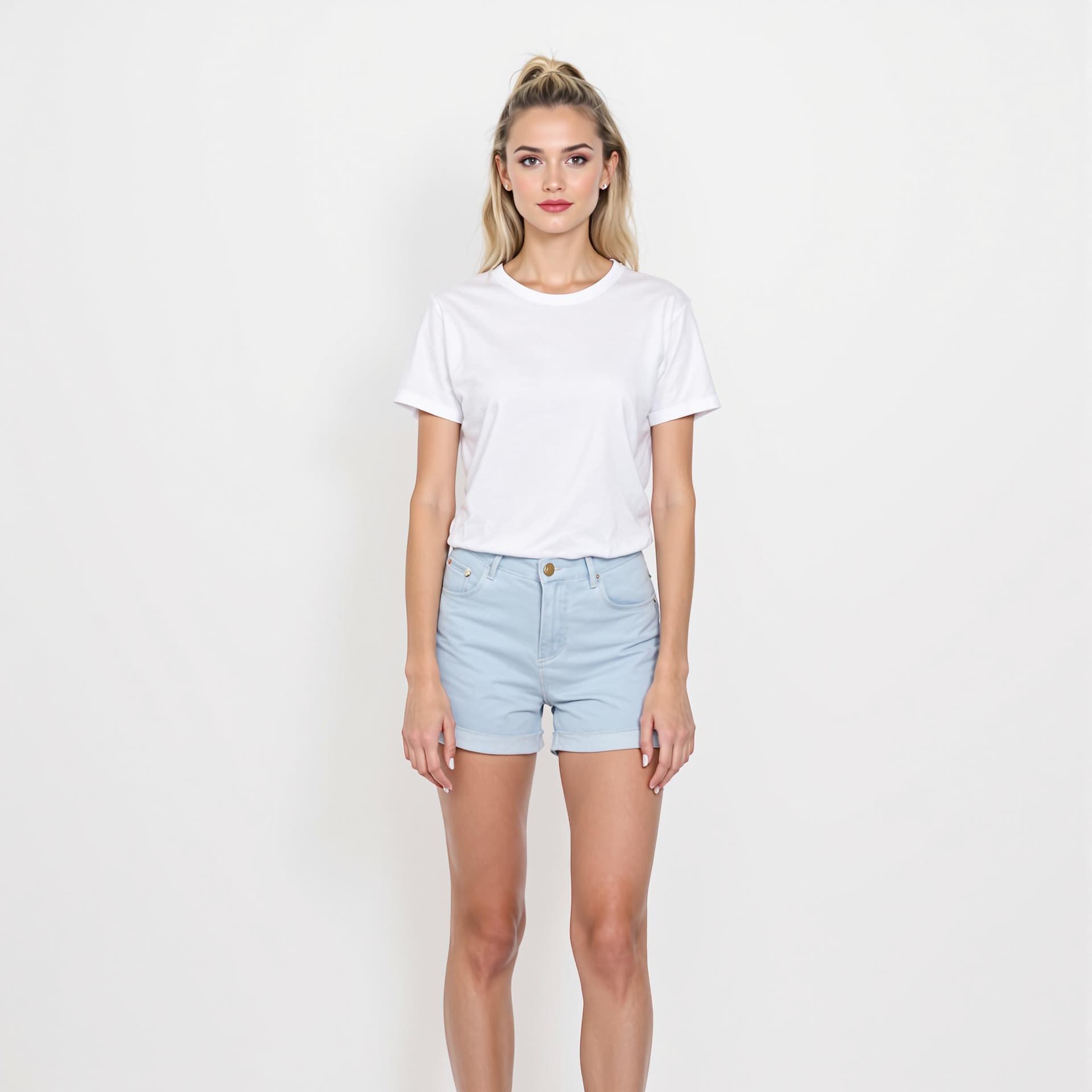 AI generated: woman stands against a white backdrop. She is dressed in a short-sleeved white t-shirt, a pair of li...