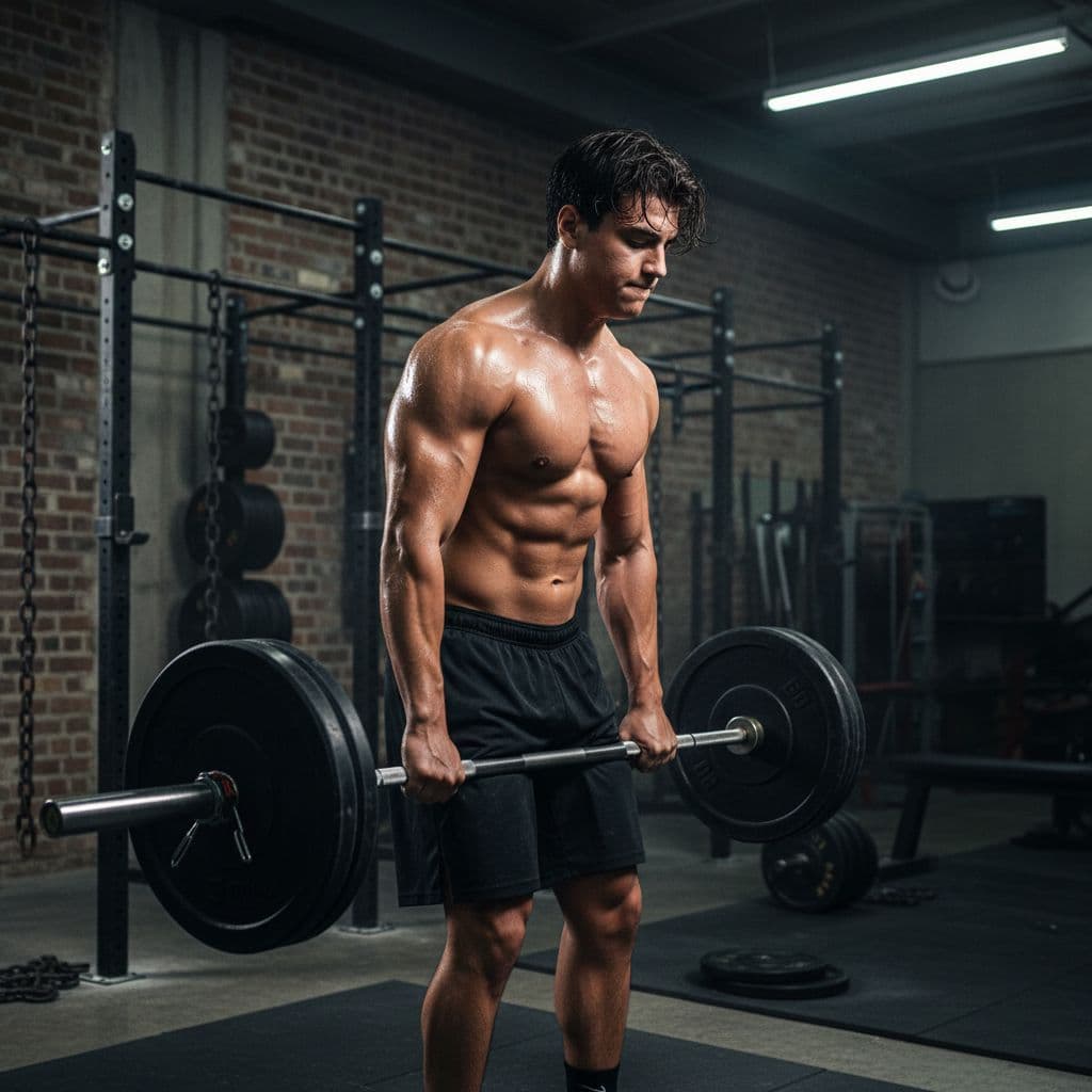 AI generated: Foto realista de un hombre levantando pesas en un gimnasio industrial, músculos tensos, sudor visibl...