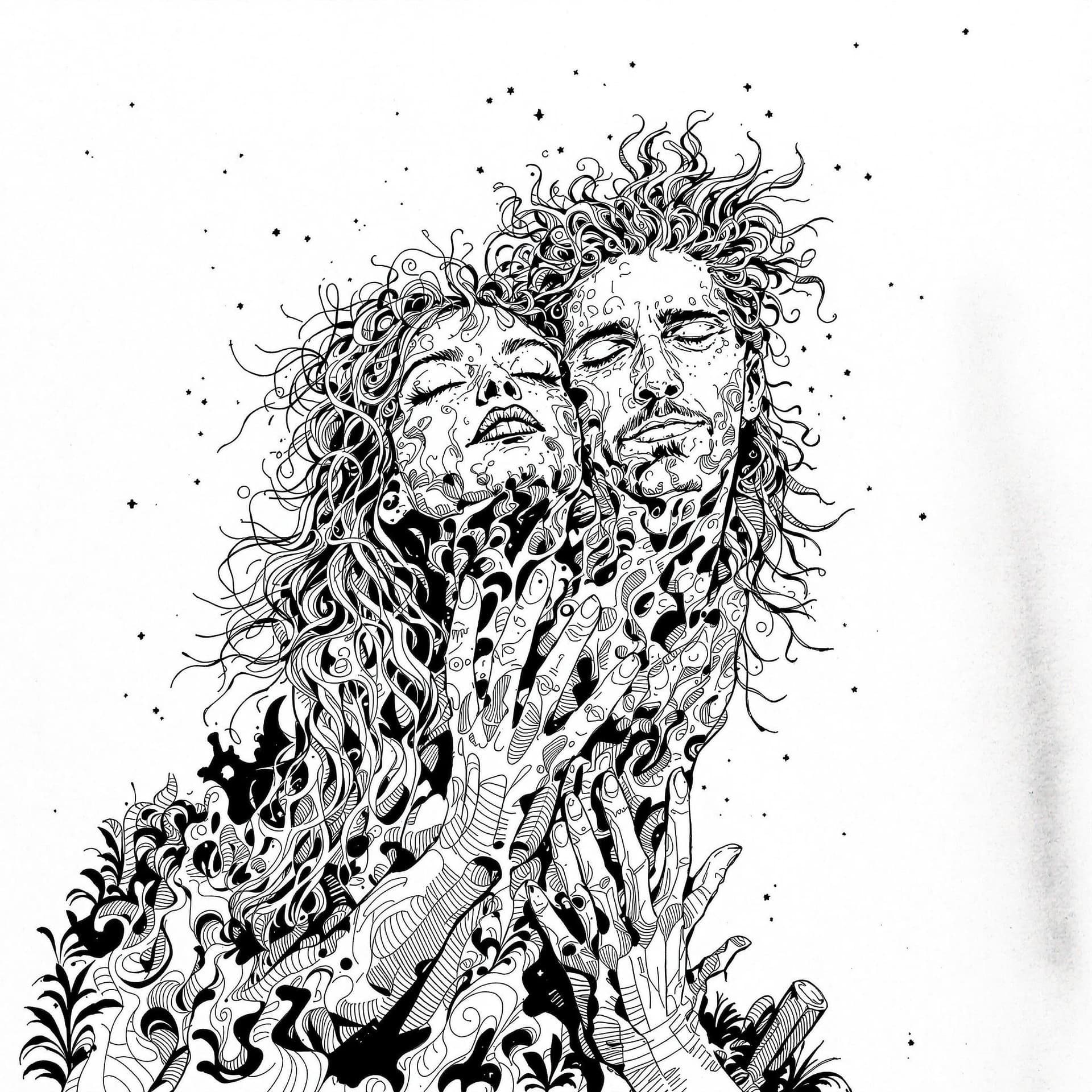 AI generated: Very fine detail, a small pen tip. A hippie and his girlfriend pen and ink sketch from, the 60's of ...