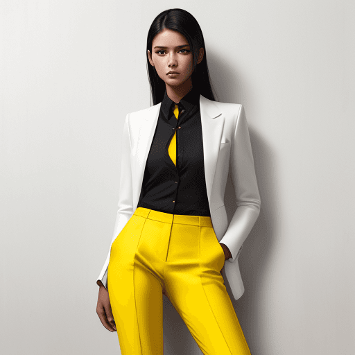 AI generated: fashion cover, front view, upper-body, woman model, white wooden  wall, black suit, yellow shirt, ye...
