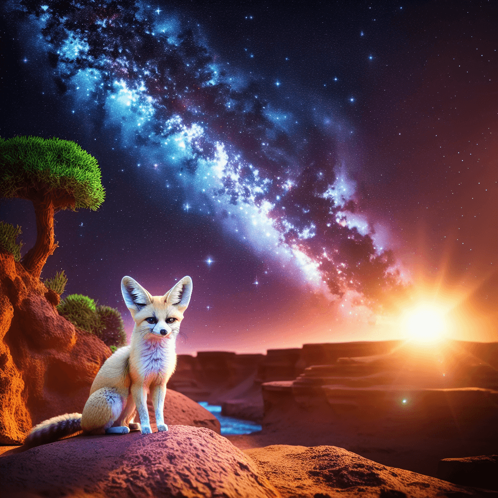 AI generated: A single (fennec fox:1. 1) with (detailed fur) walking through an (enchanted forest:0. 6) next to a ...