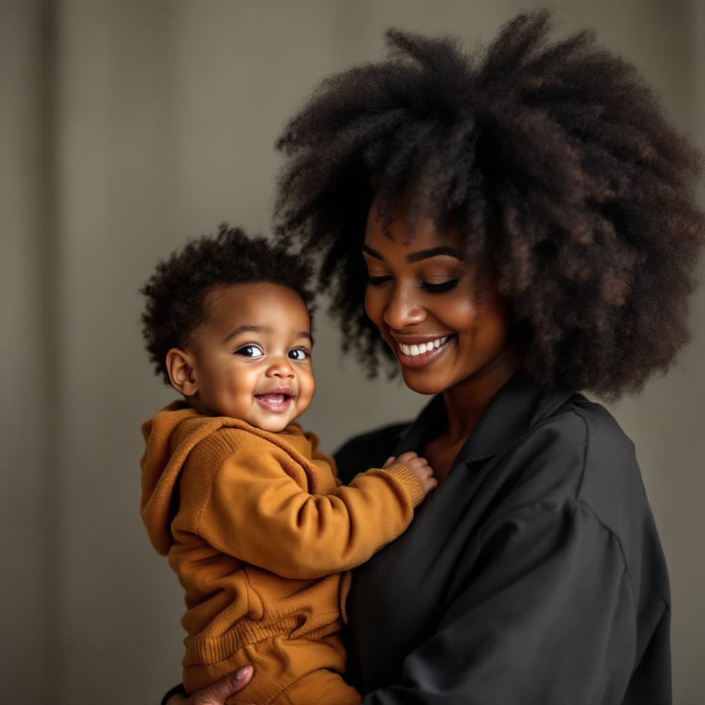AI generated: image of a black mother with an afro hairstyle with her baby son 