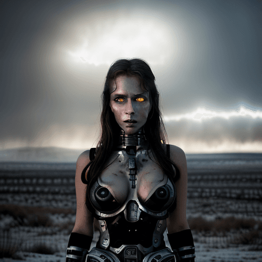 AI generated: A mesmerizing photograph capturing the ethereal beauty of the Terminator Girl, with her cyborg featu...