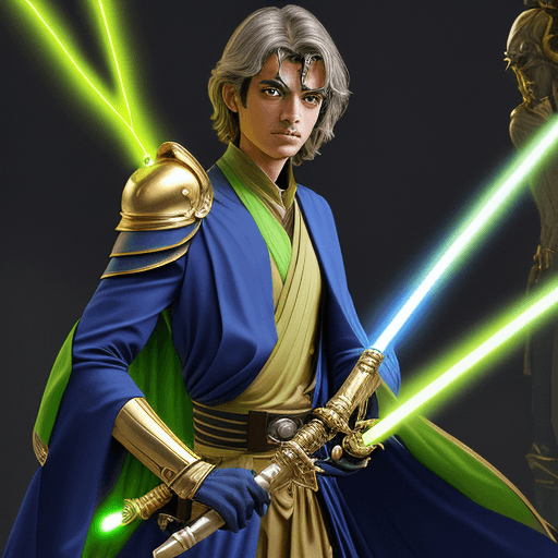 AI generated: create me a Mandolarian in a gold and blue suit with a green aser sword and grogu on his shoulder, b...
