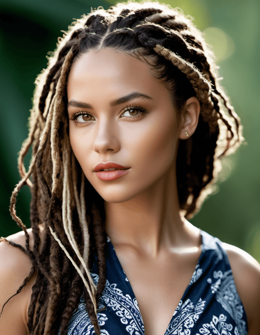 AI generated: A close-up portrait of a young beautiful girl, dreadlocks hair style, slim with curves, batik dress,...