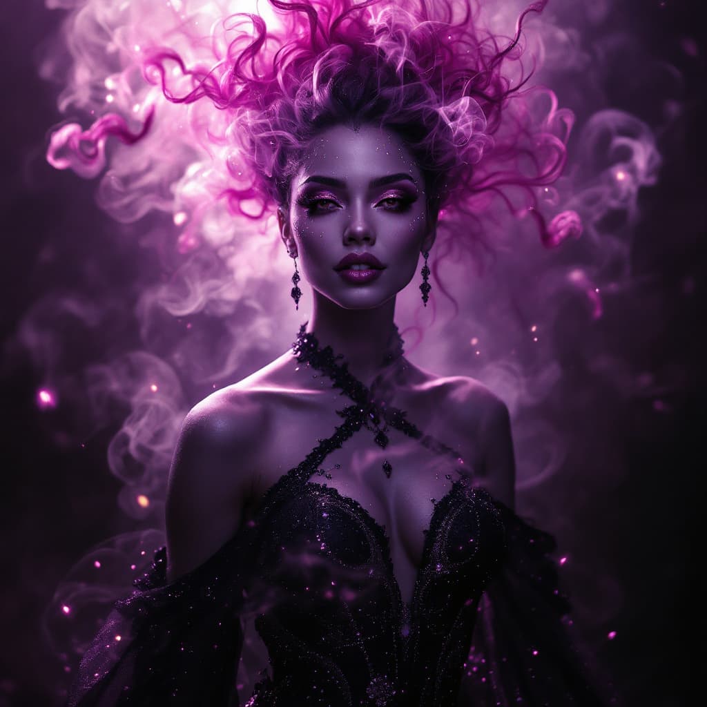 AI generated: In the center of the frame stands a sultry divine element, her skin aglow with ethereal light, The p...