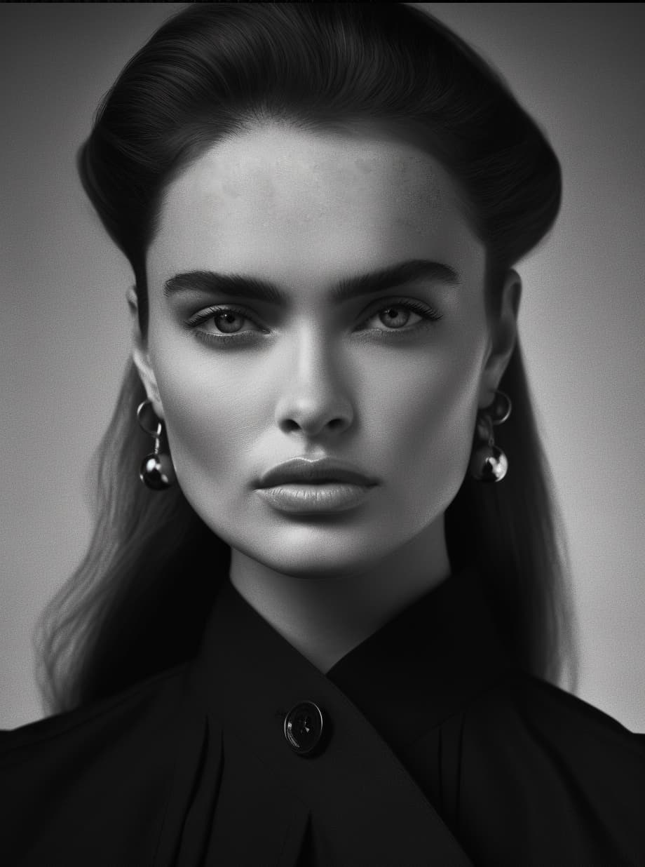 AI generated: a black and white photo of a woman with her hand on her head, vogue cover style, big bold thick eyeb...