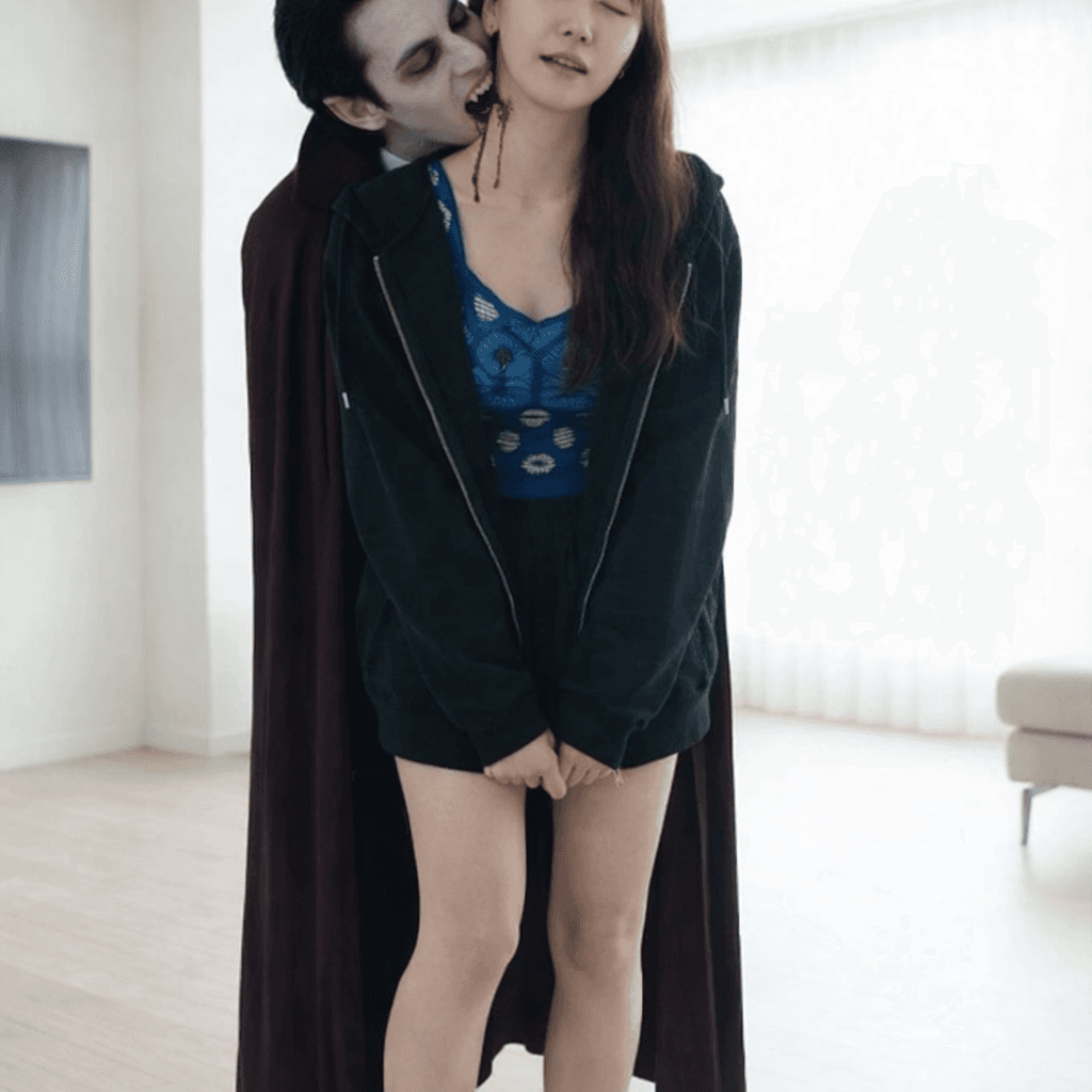 AI generated: Vampire bites the woman’s neck while she is barefoot standing with his fangs visibly in her neck
