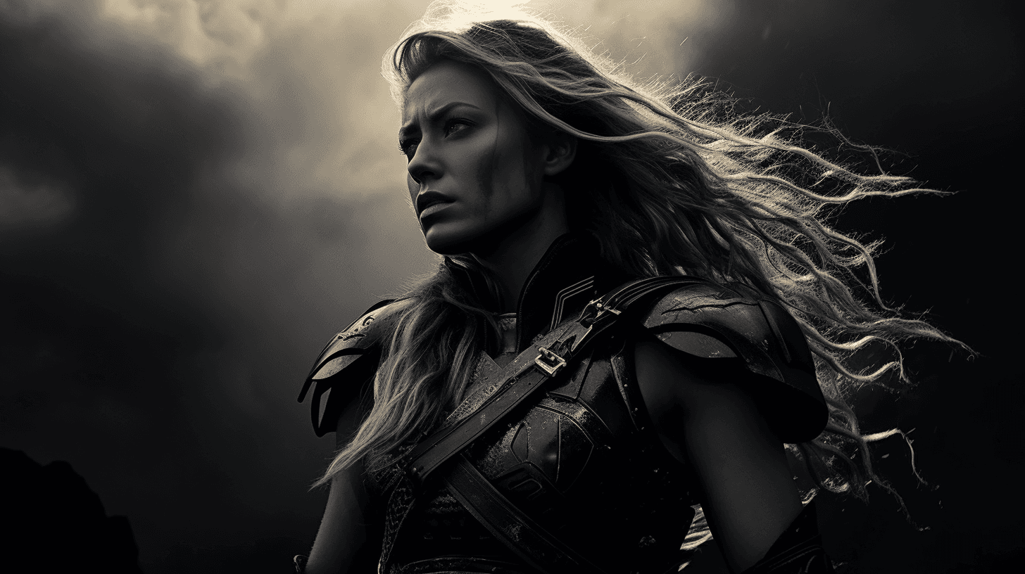 AI generated: blake lively as an apocalyptic warrior, 16-35mm lens, f/1.8, global illumination, natural light, upl...