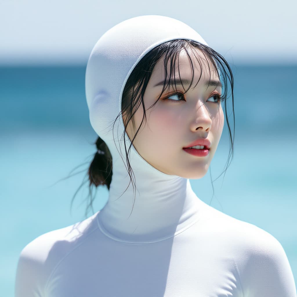 AI generated: High resolution image. A Korean woman in a white freediving suit that completely covers her body. He...
