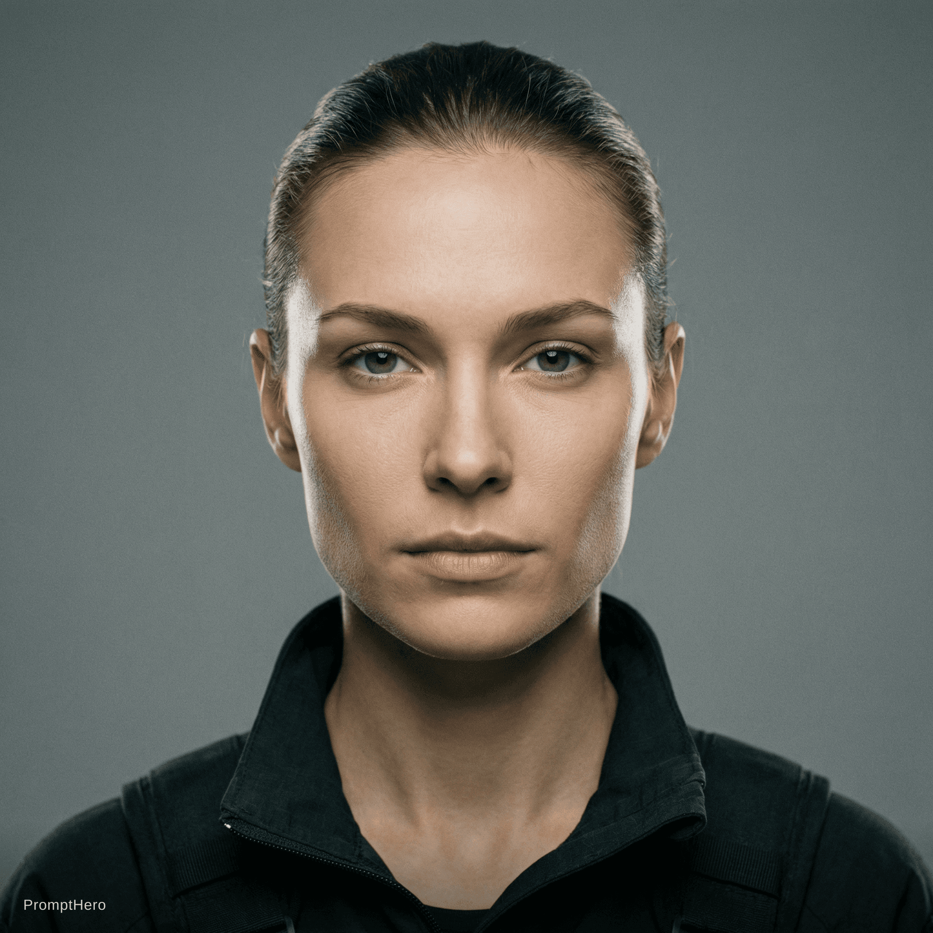 AI generated: hyper-realistic identity anchor portrait of a female action-movie lead (late 20s–early 30s), athleti...