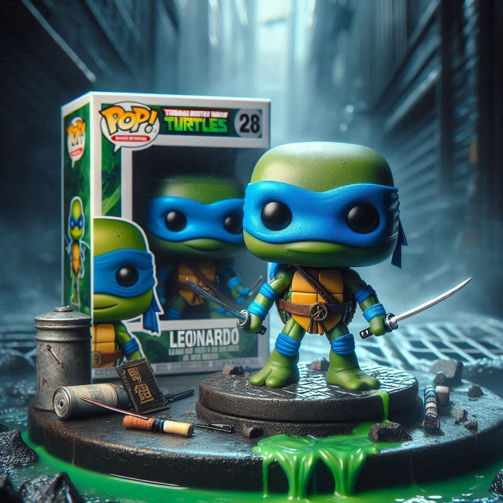 AI generated: a hyper realistic, digital version, of a Funko Pop, Teenage Mutant Ninja Turtles, blue Leonardo acti...