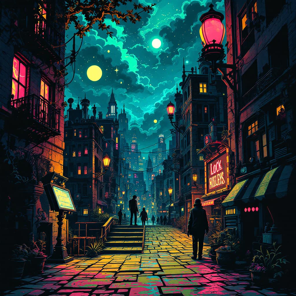 AI generated: A lowbrow art scene depicting a surreal cityscape under a neon sky. The style is reminiscent of Mark...