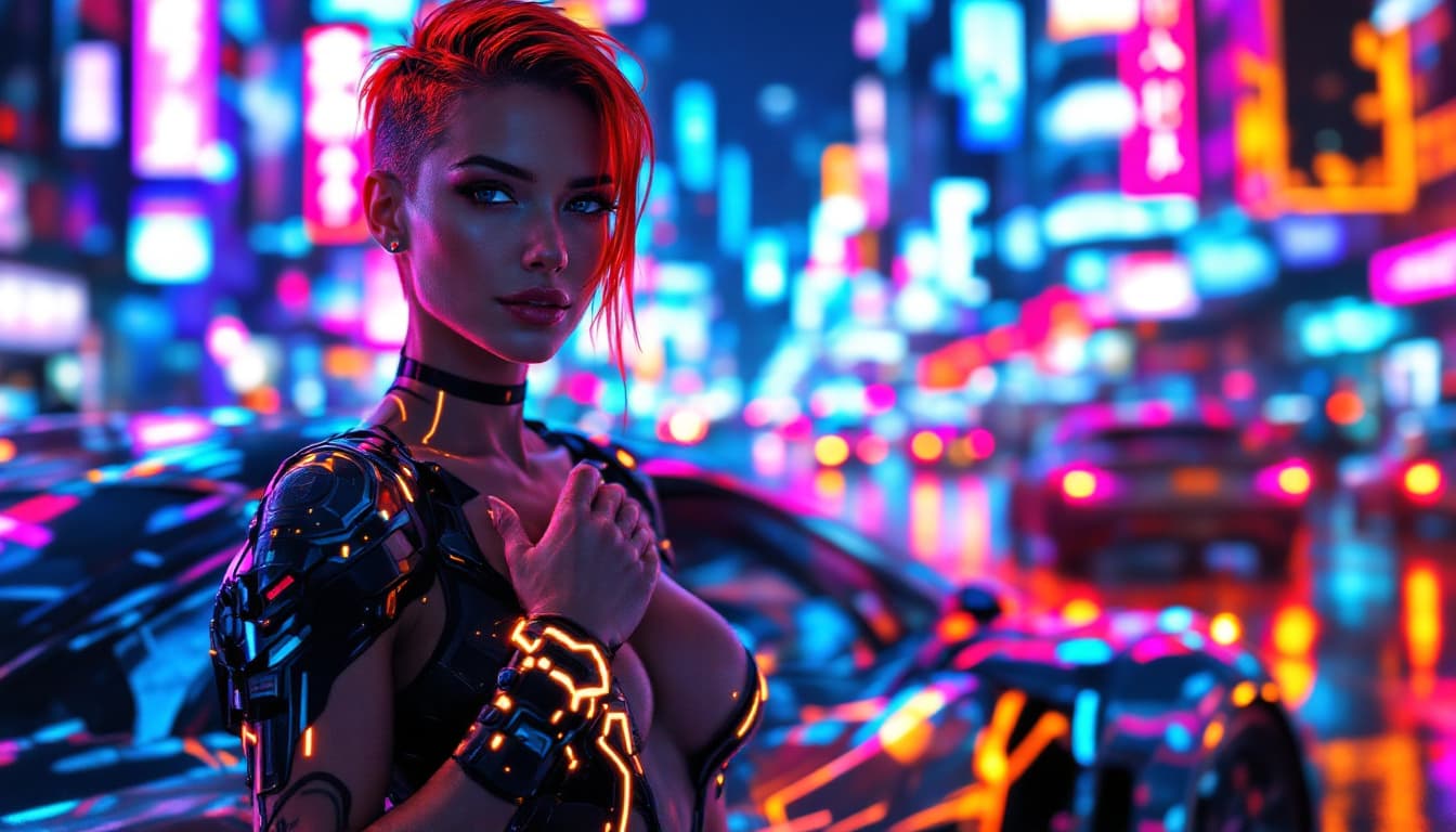 AI generated: A stunning, hyper-realistic cyberpunk woman leans against a high-performance neon supercar, her tigh...