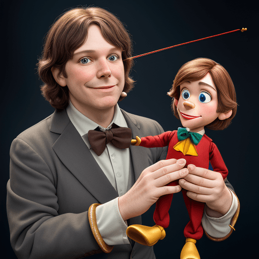 AI generated: Javier Milei, 55 years old, double chin, as the Pinocchio puppet, with strings in his hands, as a Di...