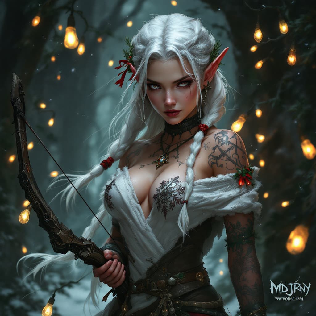 AI generated: mdjrny-v4 dungeons and dragons fantasy art Elf Female Monk long White Braided hair, Christmas Themed...