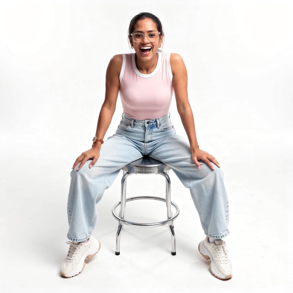 AI generated: A highly detailed, photorealistic, cinematic high-angle full-body studio shot of a cute and stylish ...