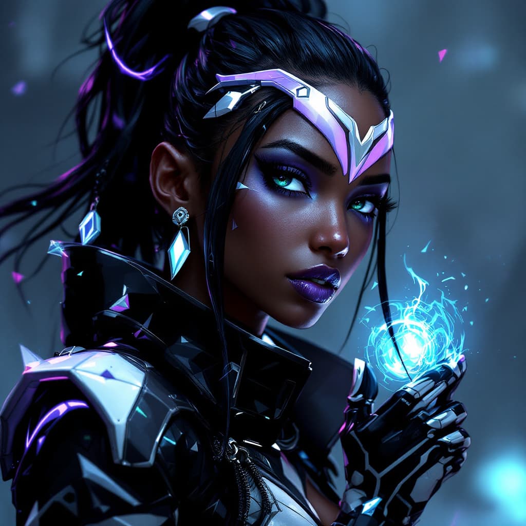 AI generated: akali from league of legends, in the style of cyberpunk, dark white and light violet, precise brushw...