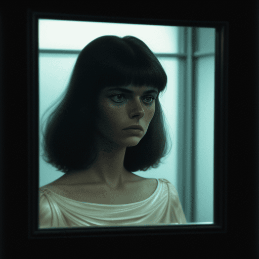 AI generated: A photograph styled to mirror a 1970s cinema frame, featuring a woman who resembles someone in her y...