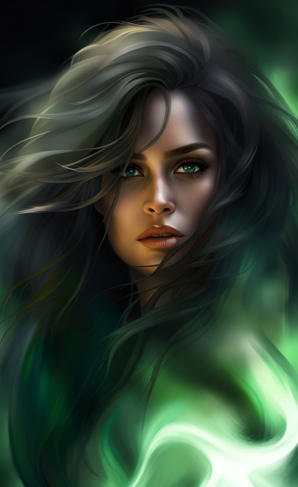 AI generated: An amazing personal portrait of a Young attractive female, long messy hair, green emerald eyes, cand...