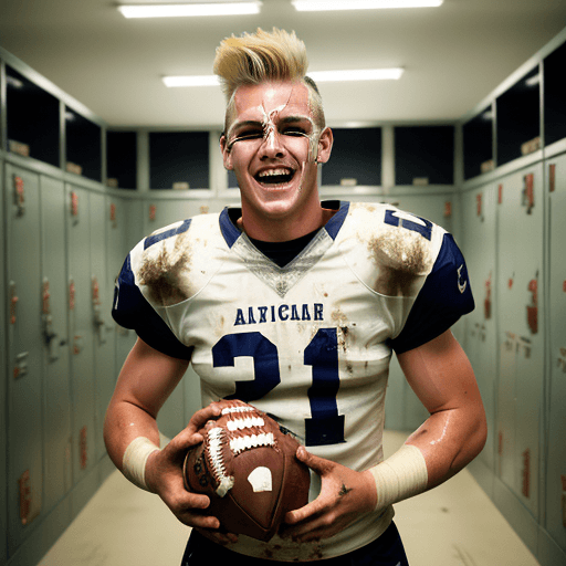 AI generated: muddy caucasian american football player, blonde mohawk, attractive face, soaking wet, laughing. wea...