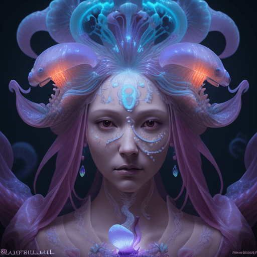 AI generated: Goddess close-up portrait ribcagel. jellyfish phoenix head, nautilus, orchid, skull, betta fish, bio...