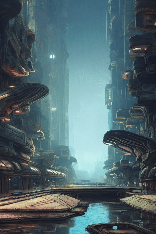 AI generated: curving river canal in ruined apocalyptic sci-fi city, stone plazas, stone steps, temples, sci-fi mi...