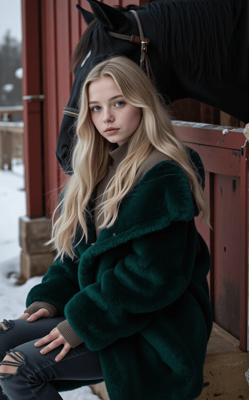 AI generated: Ultra-detailed cinematic winter portrait of a doll-like young female with large luminous blue eyes, ...
