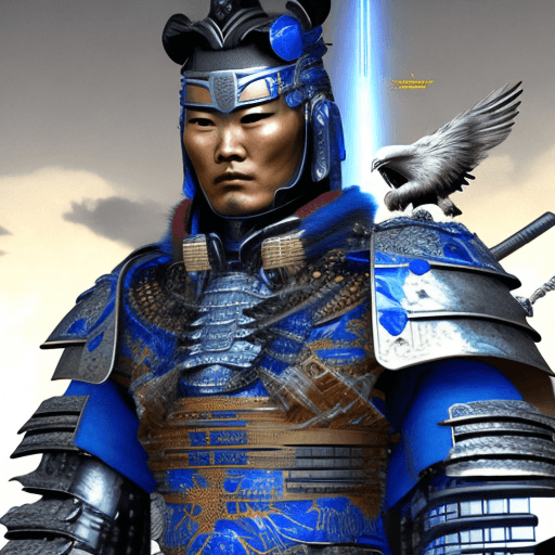 AI generated: high detail, samurai human warrior with eagle head, shining blue science fiction armor with cybernet...