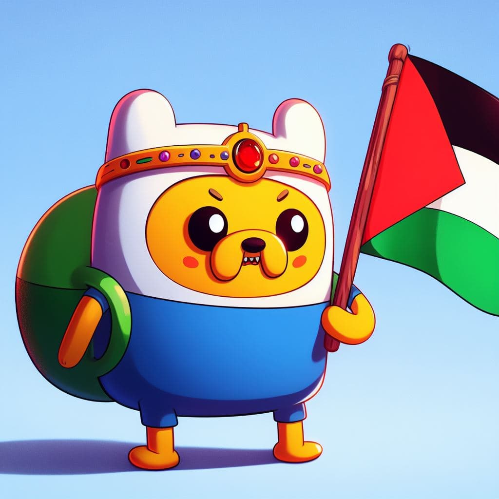 AI generated: free palestanine , Golb from Adventure Time holding a Palestine flag