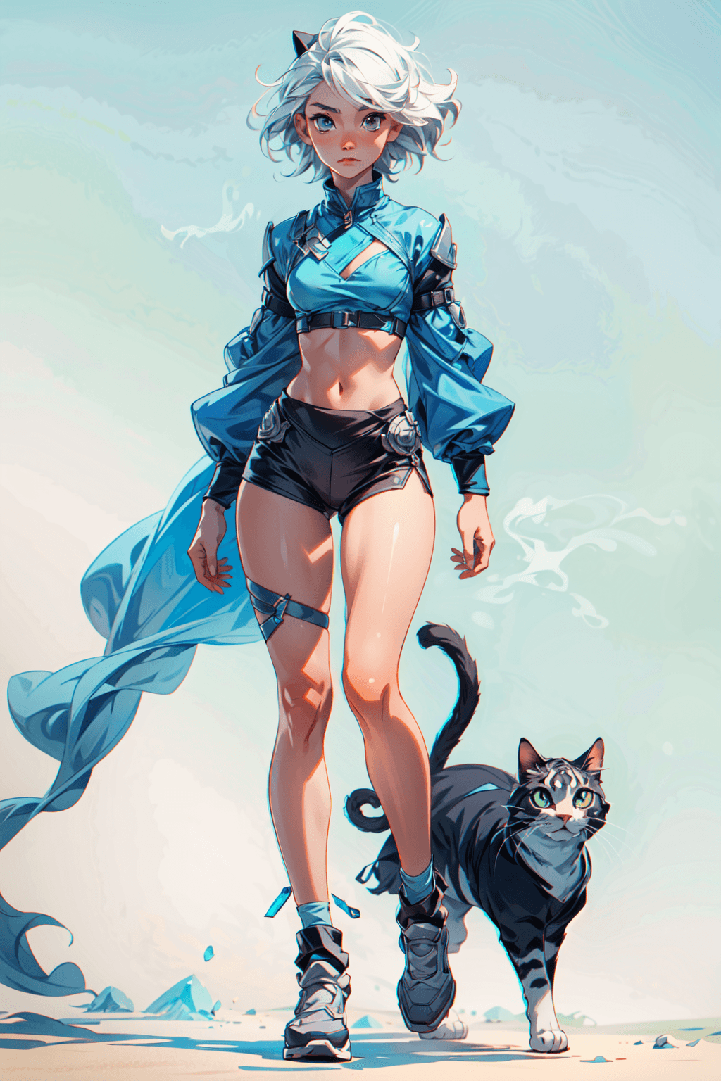 AI generated: (full body), intricate azure armor, detailed gorgeous face, cat ears, beautiful young South Korean g...