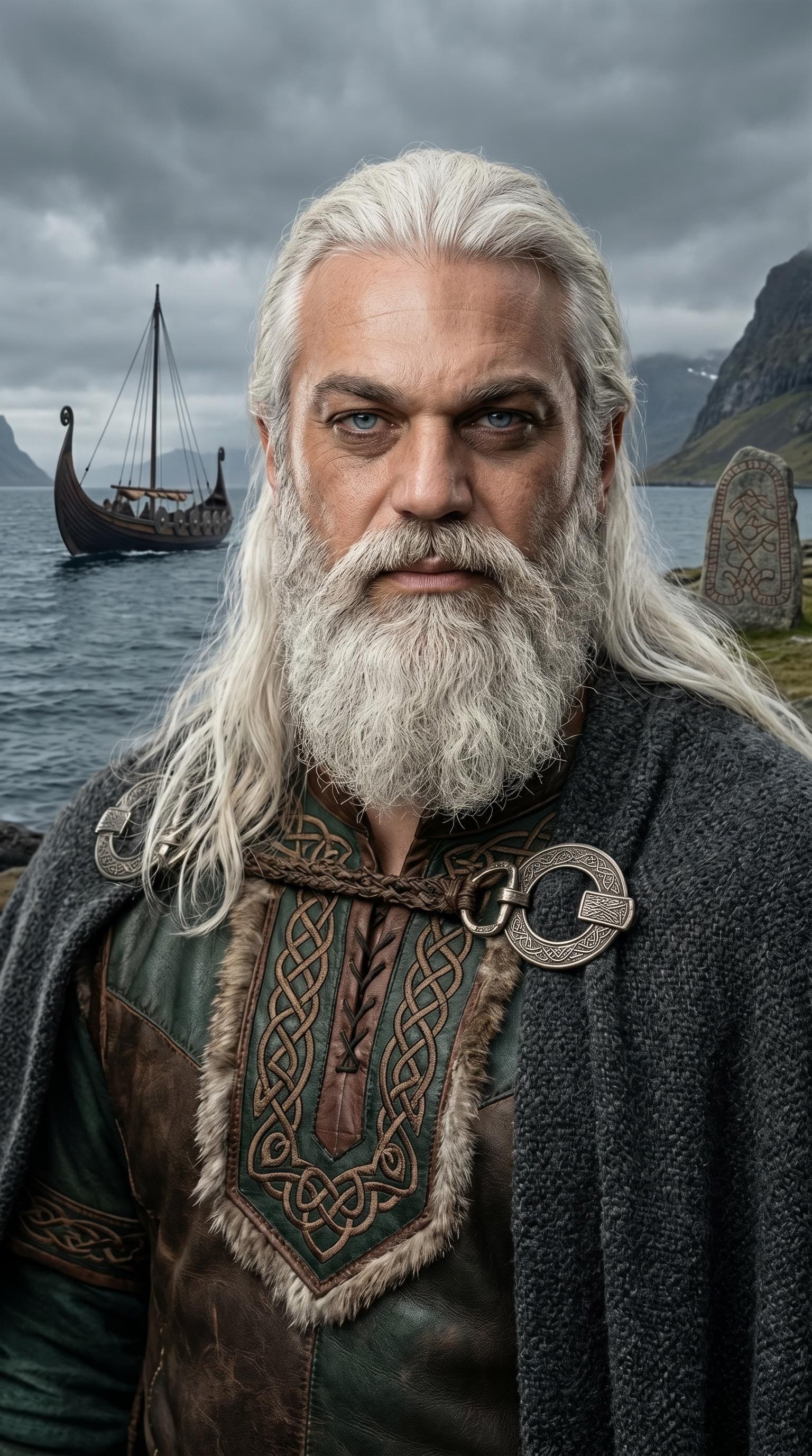 AI generated: {
  "subject_and_concept": {
    "subject": "A striking, middle-aged man with a Viking-inspired aest...