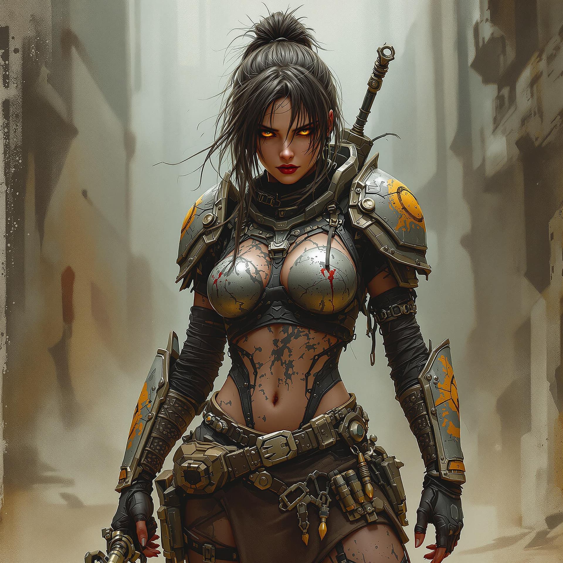 AI generated: character concept of a girl wearing post apocalyptic armor, full body, punk, in style of craig mulli...