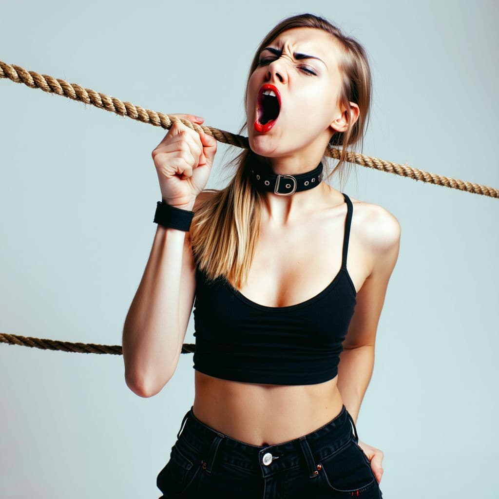 AI generated: CBT pose, 1girl, rope, 1boy, femdom,, spitting, dog collar, whipping