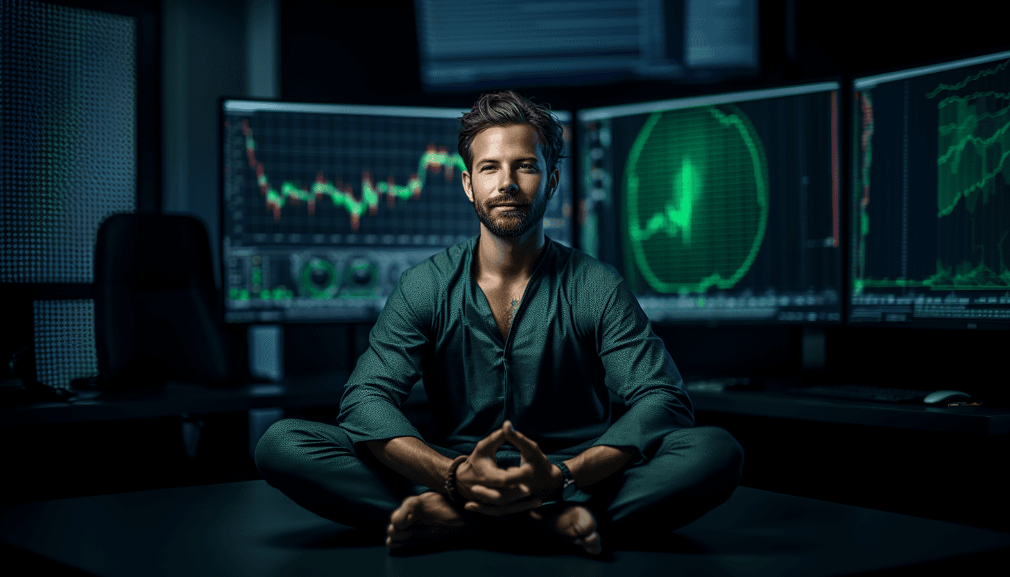 AI generated: Photography of a 30 years old casual man professional trader sit on his room, meditating, eyes close...