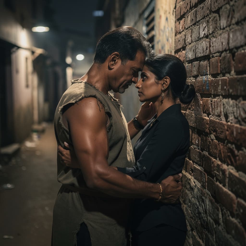 AI generated: night in Indian slum :-a romantic scene A 46 years old brown skin warrior man husband with her stron...