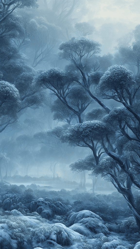 AI generated: Winter landscape, Blue color, Bokeh, the sea, fog over the sea, insanely detailed and intricate, hyp...