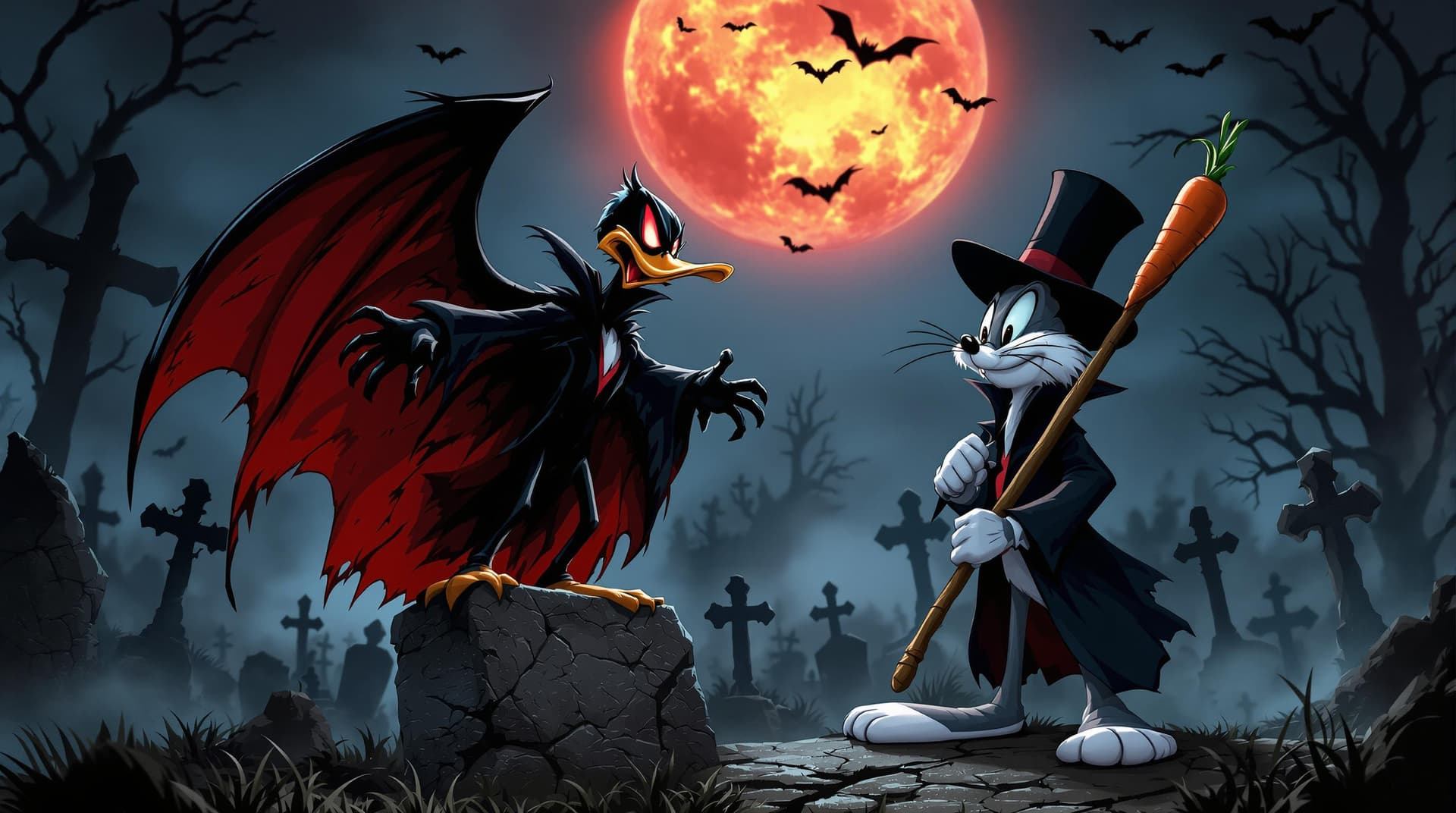 AI generated: Daffy Duck reimagined as a gothic vampire, wearing an elegant but ragged black cape with a blood-red...