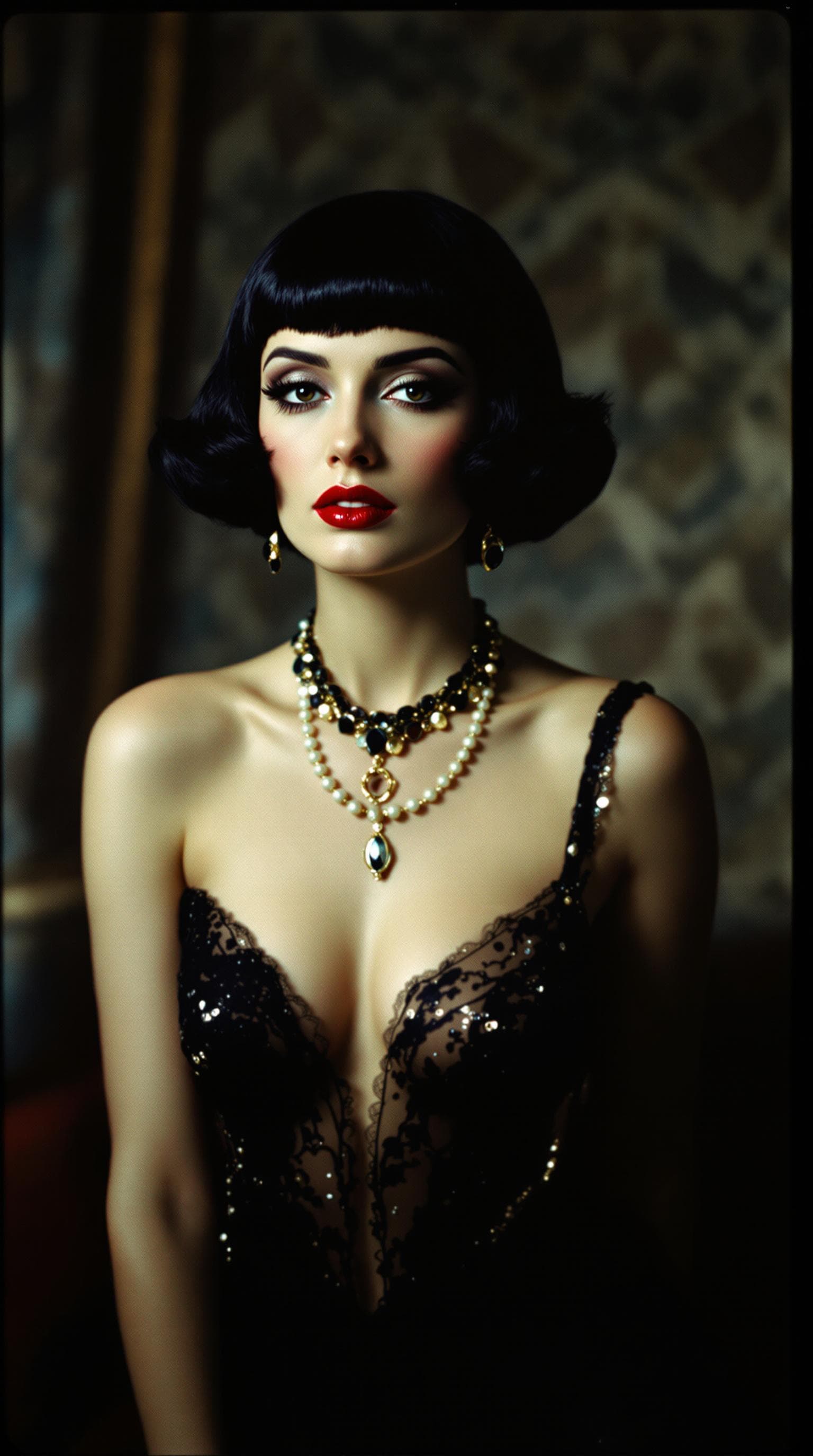 AI generated: analog color film photograph of a 1920s flapper Sophia Loren, luxurious, opulence, short black hair,...
