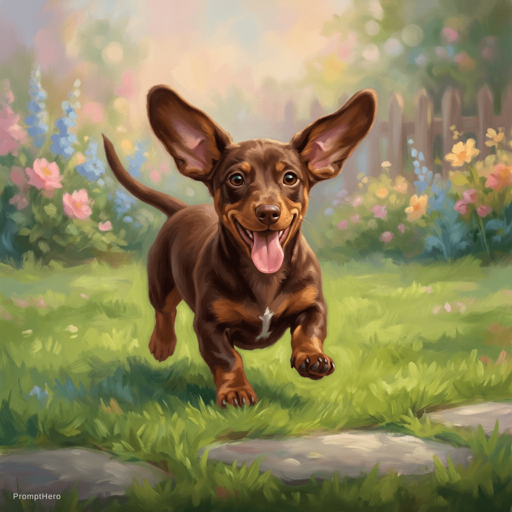 AI generated: Extremely cute dachshund puppy running toward the camera, joyful smile, tiny legs moving fast, flopp...