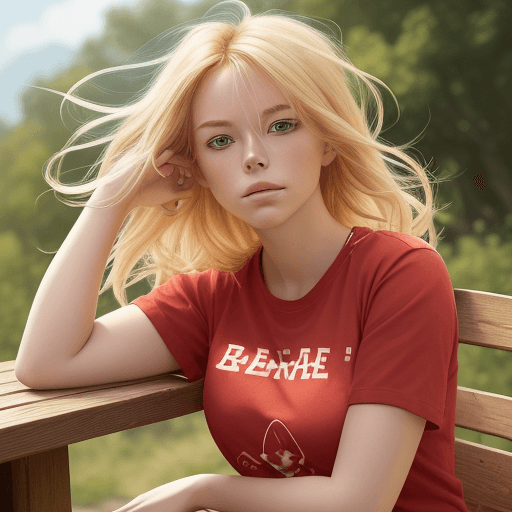AI generated: The image features a beautiful blonde woman sitting on a wooden chair, wearing a red shirt and blue ...