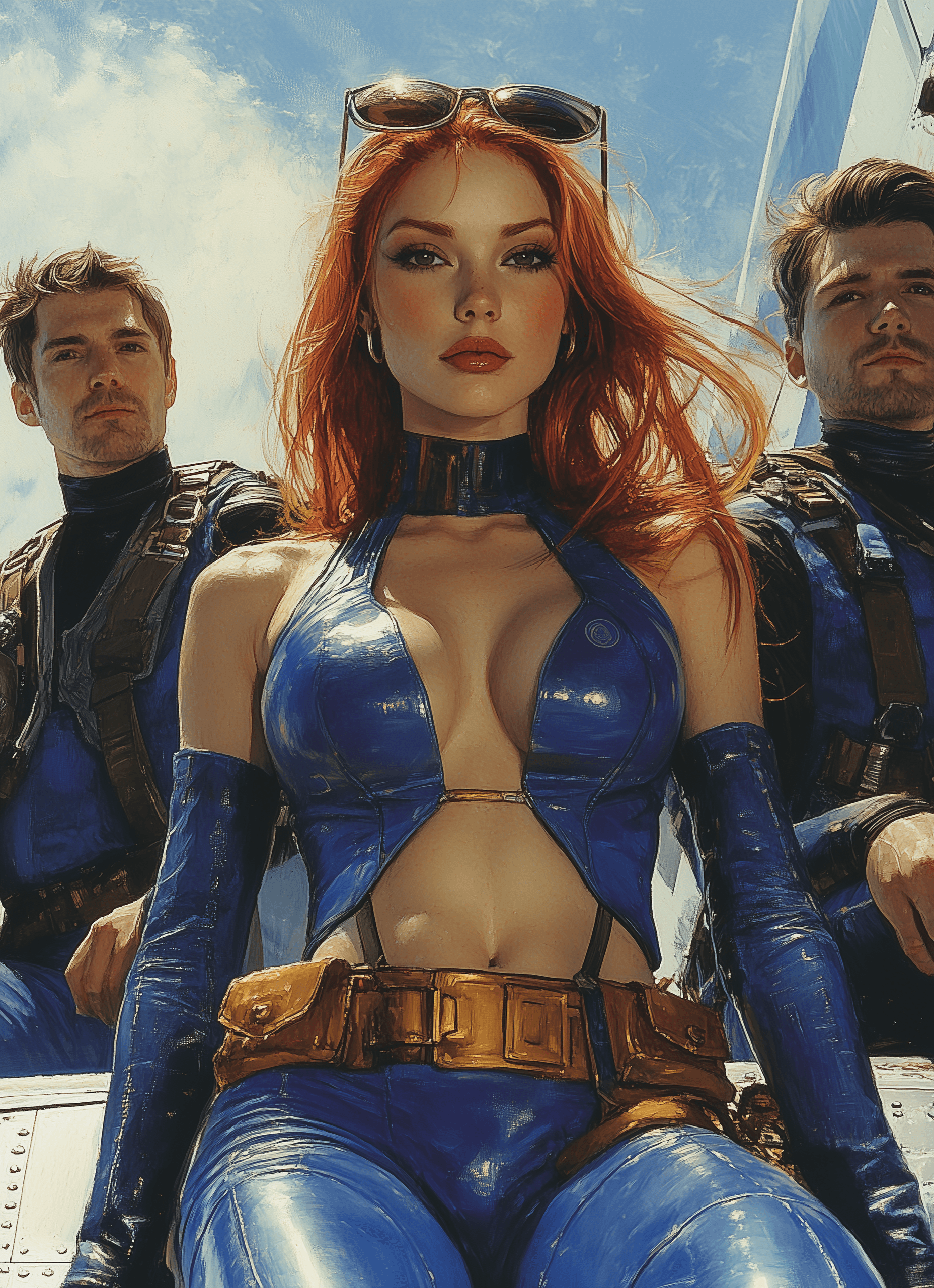 AI generated: A red-skinned alien woman and two human men in blue jumpsuits, sitting on the wing of an airplane, i...