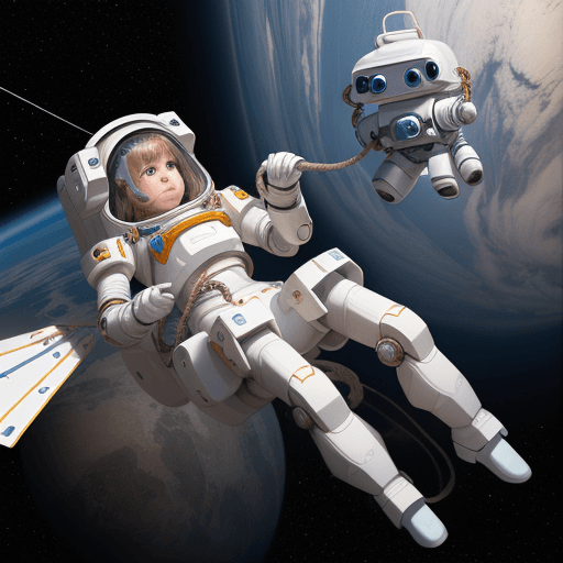 AI generated: a girl with white armor 
floating in space and her small robot friend with a rope connecting each ot...