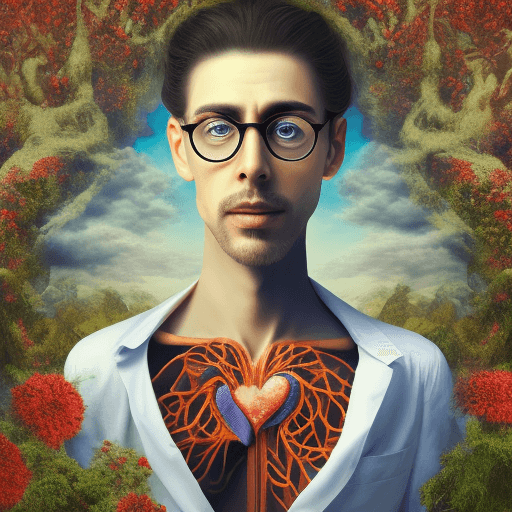 AI generated: surreal portrait of thin man with glasses whit seductive brown eyes, intricate, livin in one of his ...